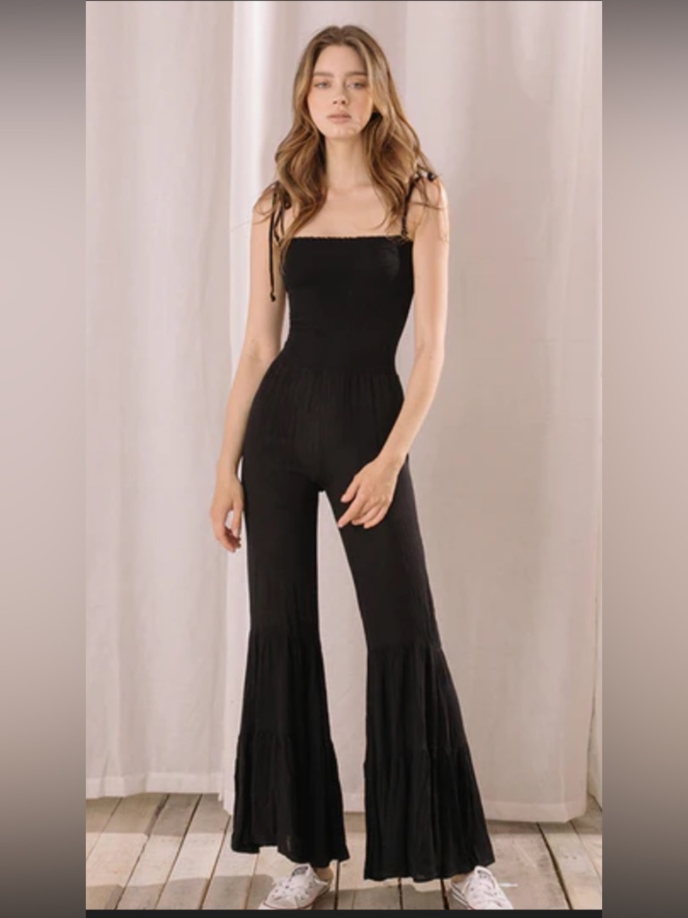 Storia Black Smocked Bodice Jumpsuit with Tie Straps SIZE SMALL